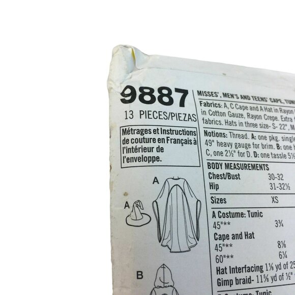 Simplicity Costume Pattern Tunic Cape Hat 9887 Size XS to XL Misses Mens u - Picture 4 of 5